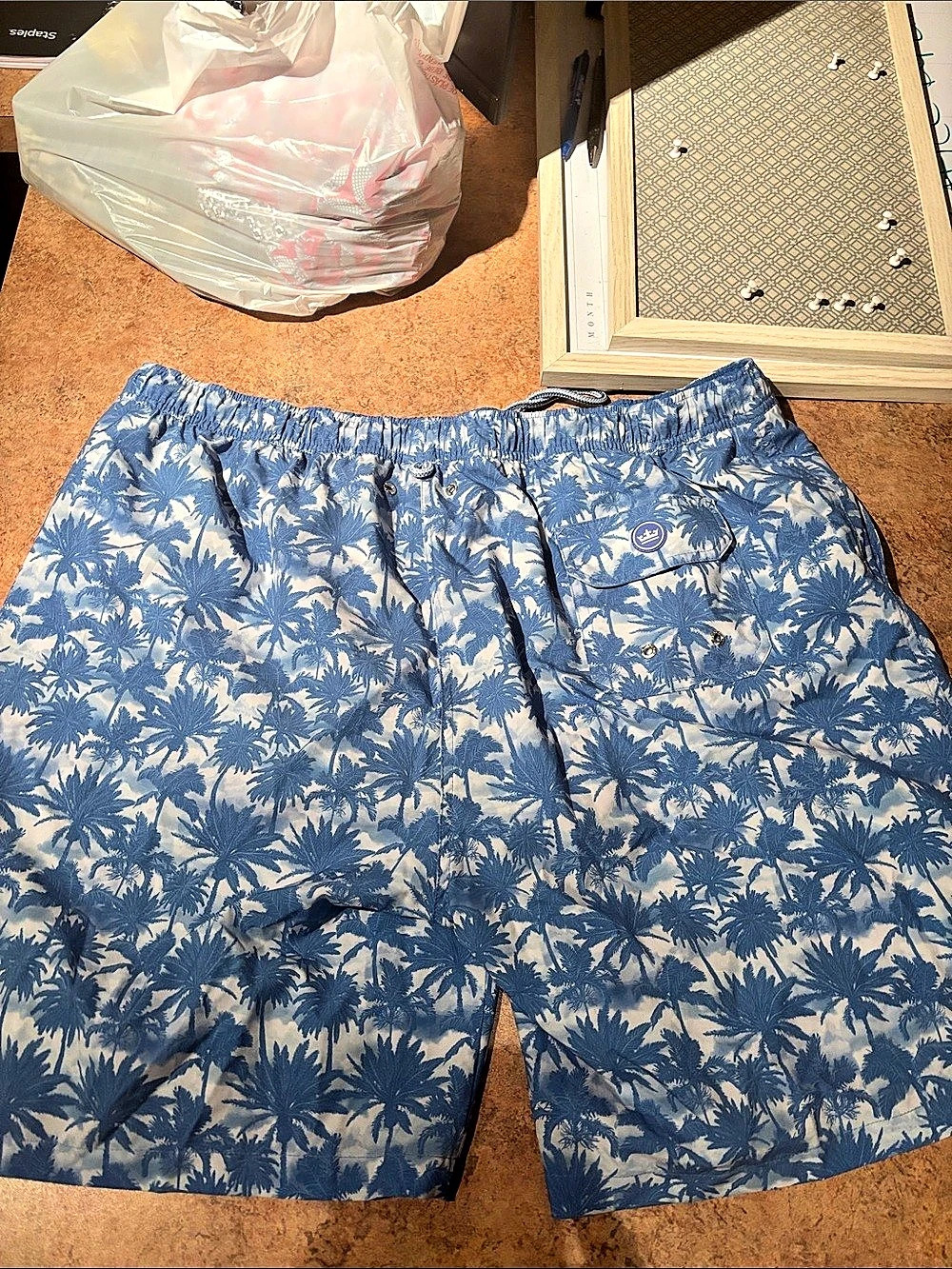 Peter Millar Crown Palm Print Swim Trunks Blue & White